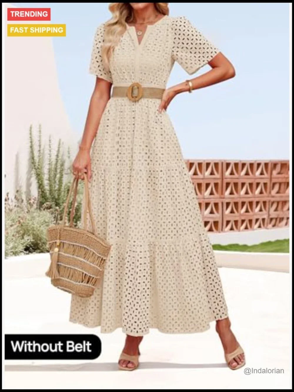 V Neck Short Sleeve Hollow Out Eyelet Ruffle Swing Maxi Dress with Pockets - Picture 4 of 7